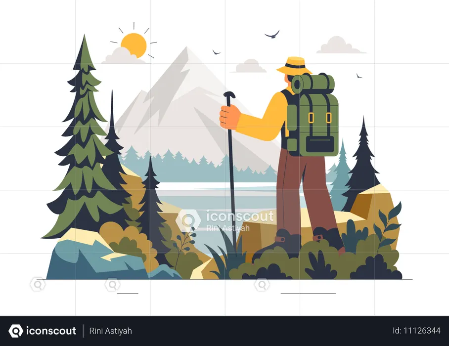 Hombre haciendo aventura de senderismo en la montaña  Ilustración