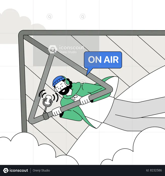 Hombre haciendo un podcast en un ala delta  Ilustración