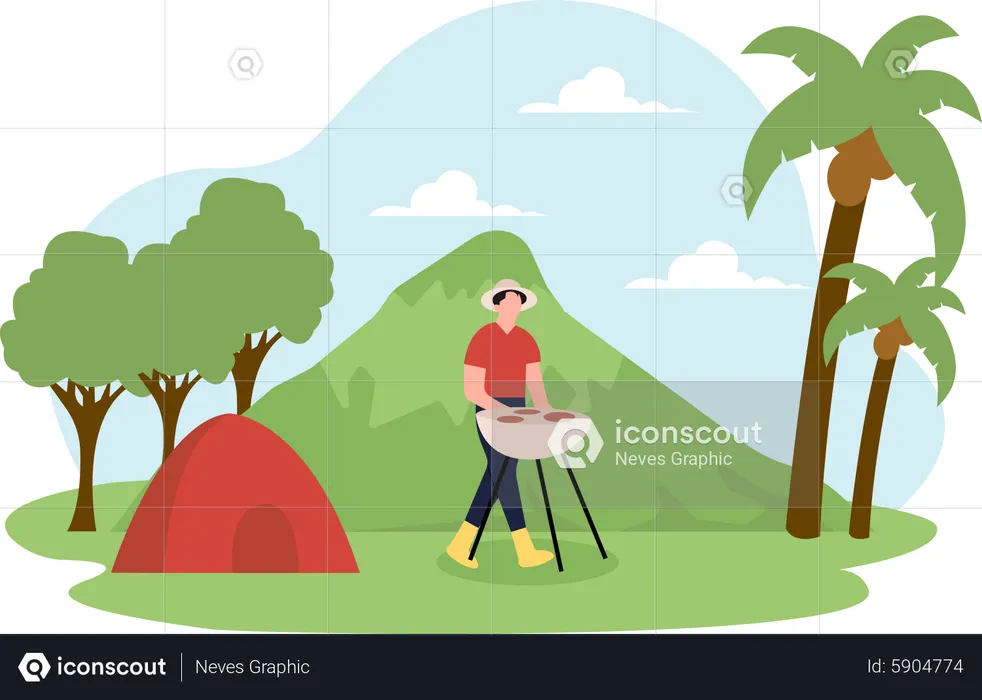 Hombre haciendo una barbacoa en un camping  Ilustración