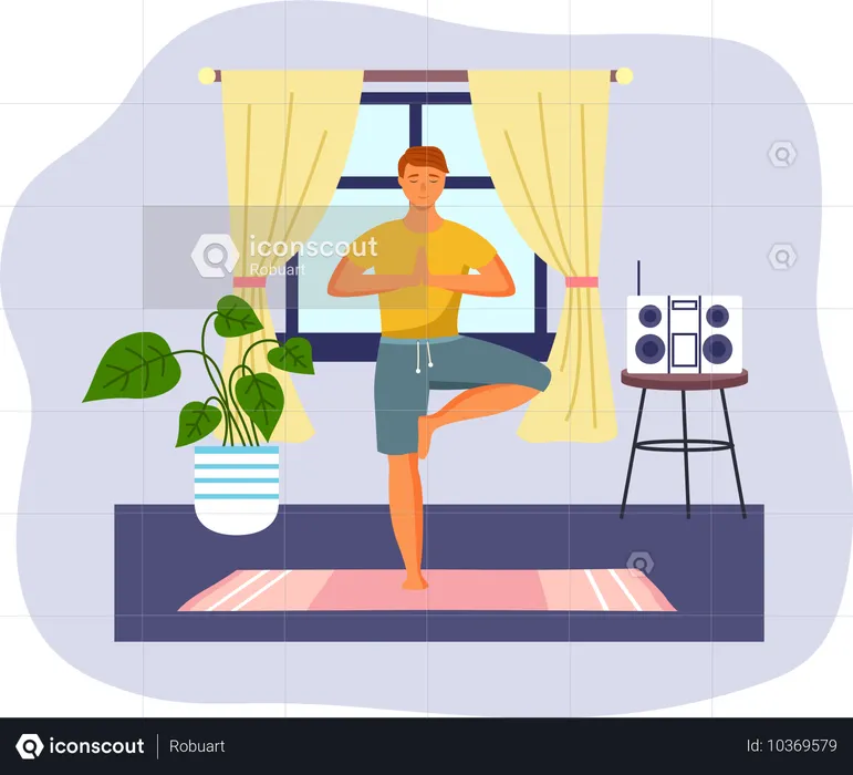 Hombre haciendo yoga en casa  Ilustración