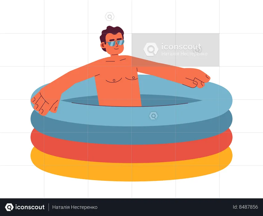 Hombre hispano de gafas de sol en piscina inflable  Ilustración