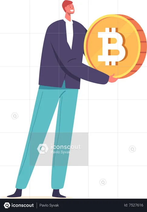 Hombre sosteniendo bitcoin  Ilustración