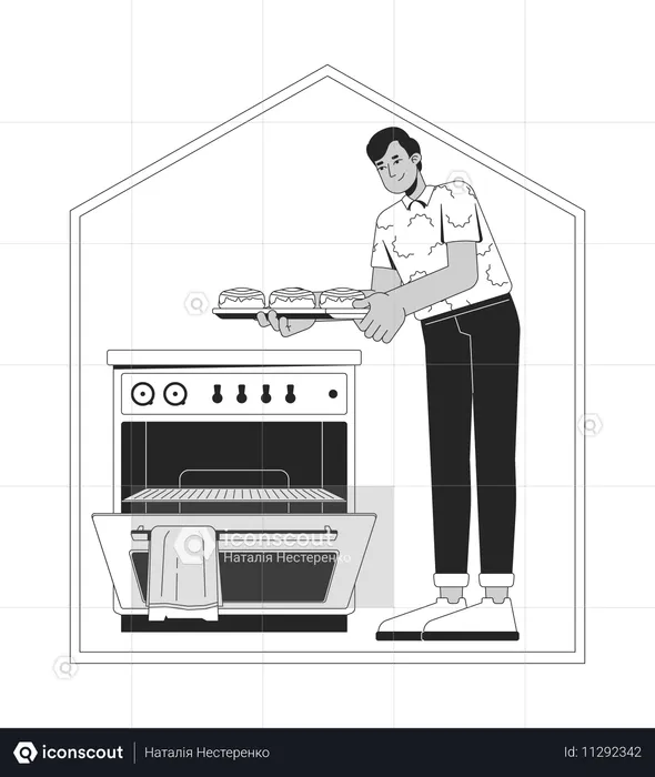 Hombre indio horneando rollos de canela en una acogedora cocina de su casa  Ilustración