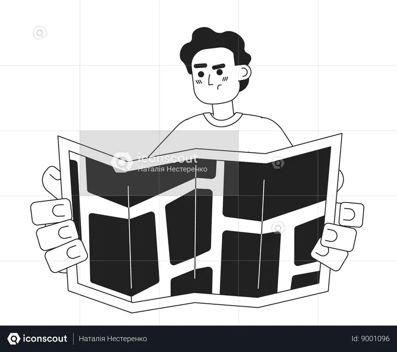 Hombre infeliz de pie con el mapa  Ilustración