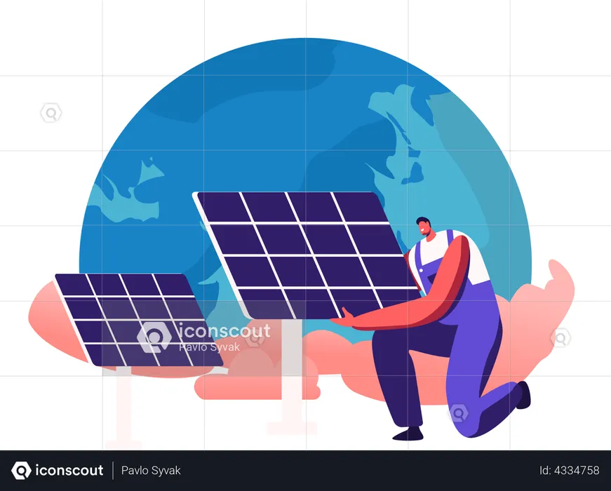 El hombre instaló un panel solar contra el globo terráqueo  Ilustración