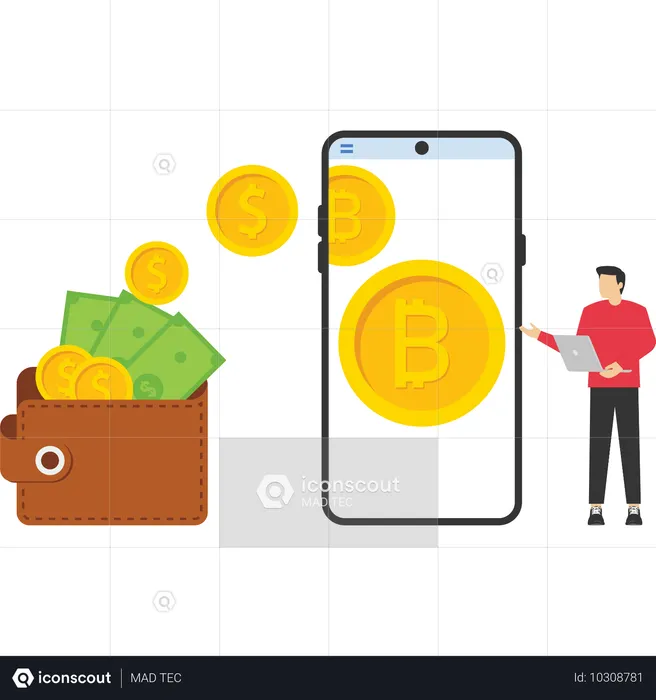 Hombre invirtiendo en bitcoin  Ilustración