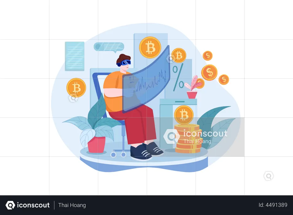 Hombre invirtiendo en cripto a través de tecnología virtual  Ilustración