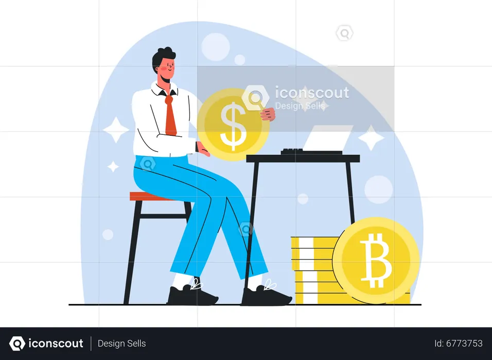 Hombre invirtiendo en el mercado de criptomonedas  Ilustración