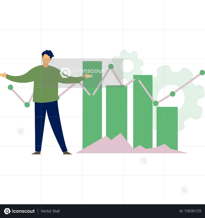 Joven feliz con gráfico analítico  Ilustración