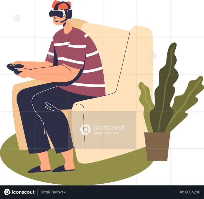 Un joven usa auriculares de realidad virtual para jugar videojuegos de realidad aumentada  Ilustración