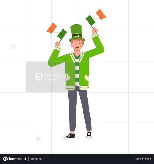 Hombre jovial con bandera irlandesa  Ilustración