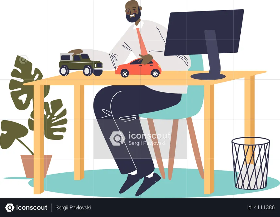 El hombre juega con el coche de juguete en el lugar de trabajo  Ilustración