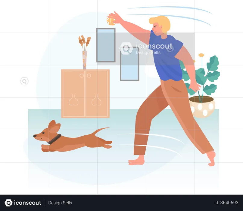 Hombre jugando con un perro en casa  Ilustración