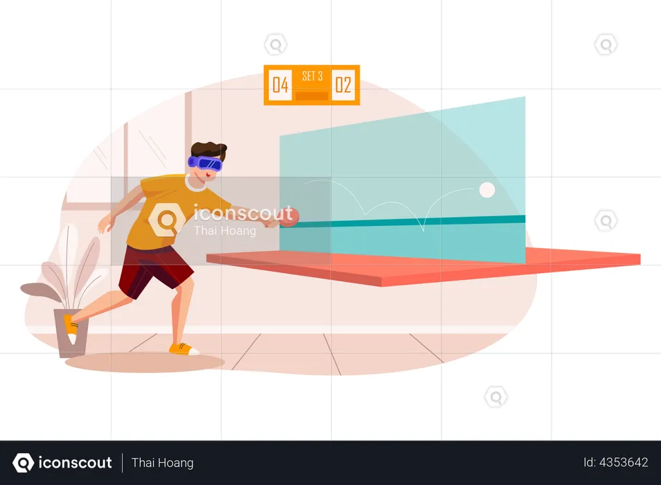 Hombre jugando tenis de mesa usando VR  Ilustración