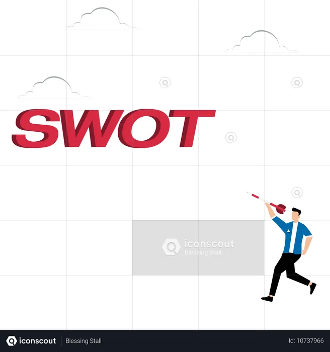 Hombre lanzando dardos a SWOT  Ilustración