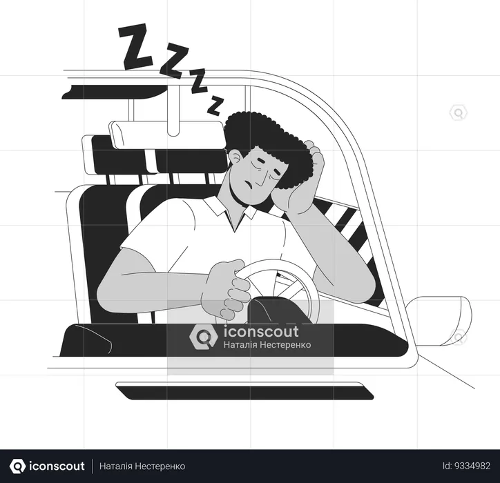 Hombre latino quedándose dormido mientras conduce  Ilustración