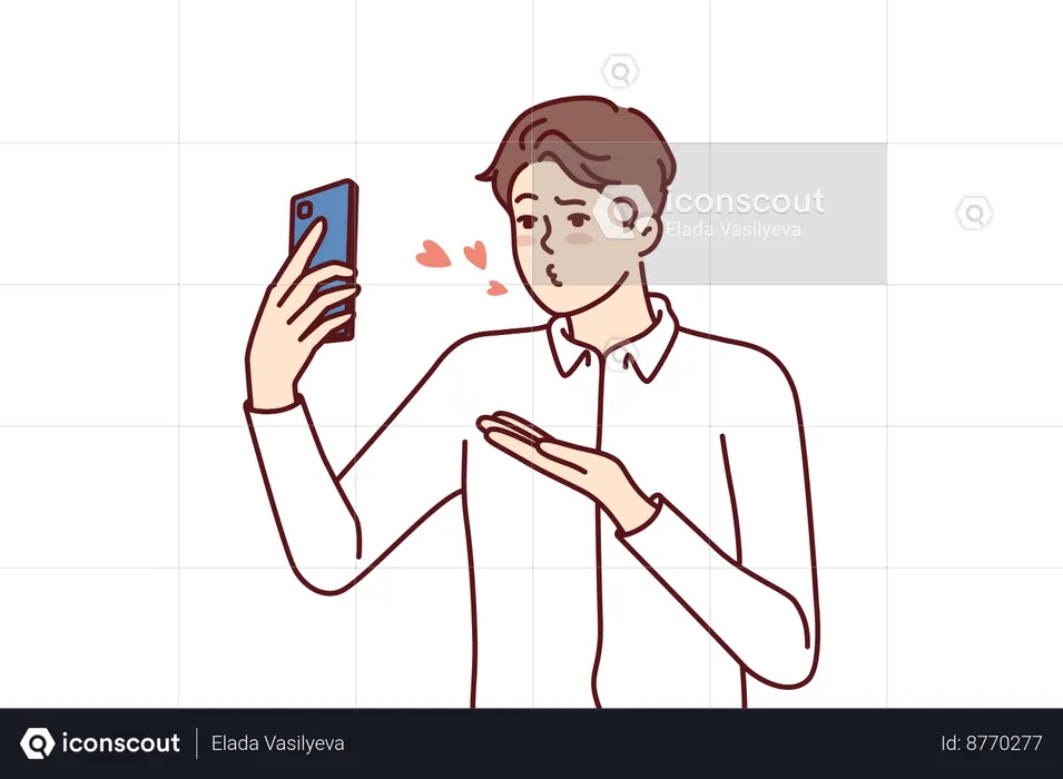 Hombre le da un beso volador a su novia por teléfono  Ilustración