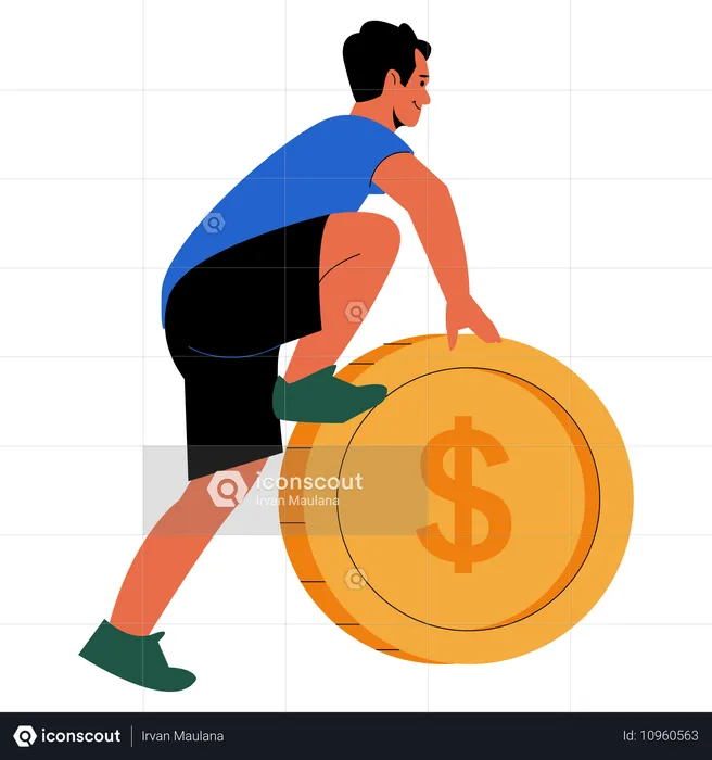 Hombre levantando moneda grande  Ilustración