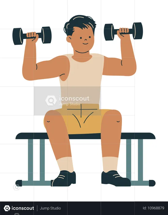 Hombre levantando mancuernas en el gimnasio  Ilustración