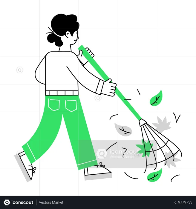 Hombre limpiando el jardín usando rack  Ilustración