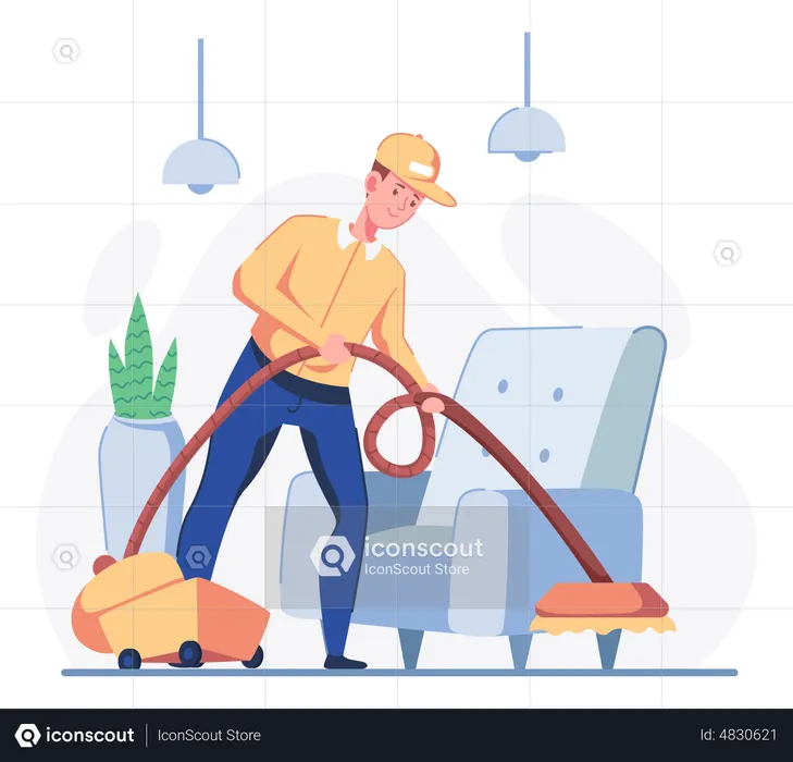 Hombre limpiando el piso con aspiradora  Ilustración