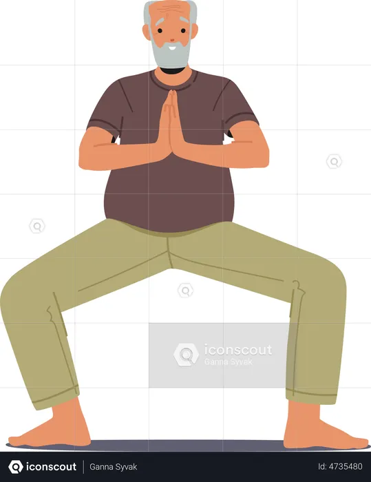 Varón mayor haciendo ejercicio de yoga  Ilustración