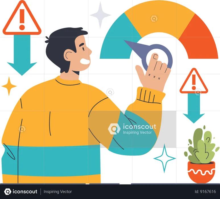 Hombre midiendo el desempeño mientras recibe alerta de desempeño  Ilustración