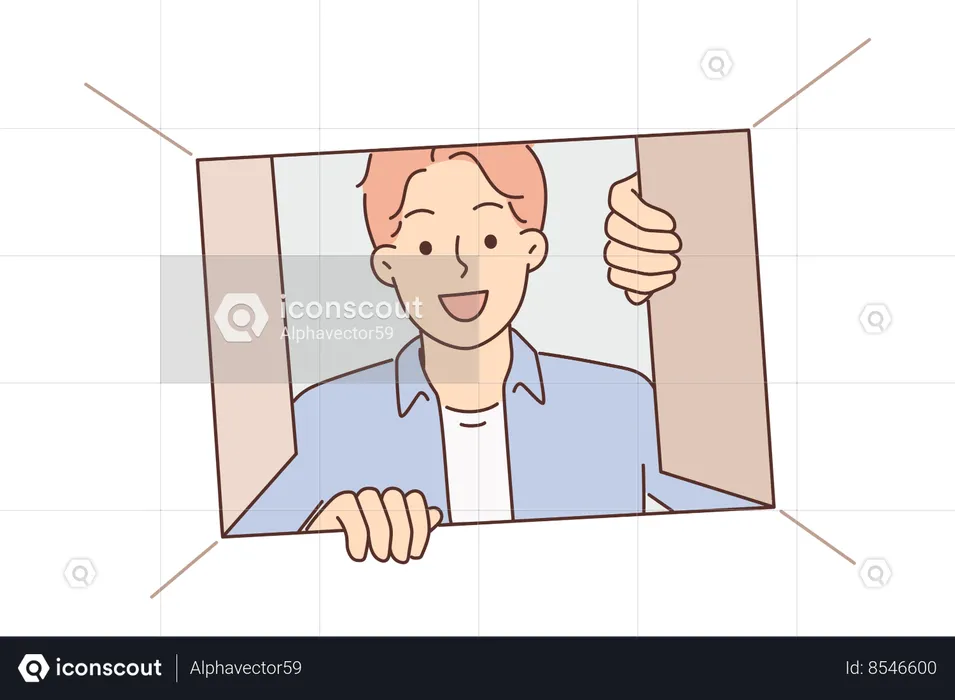 Un hombre mira dentro de una caja de cartón y mira dentro con curiosidad después de recibir el pedido del mensajero.  Ilustración