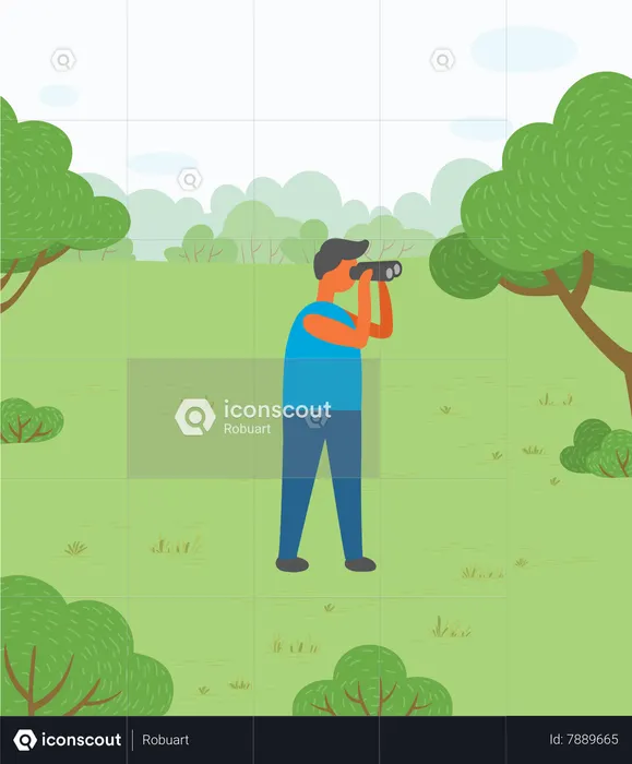 Hombre mirando a través de binoculares a la naturaleza  Ilustración