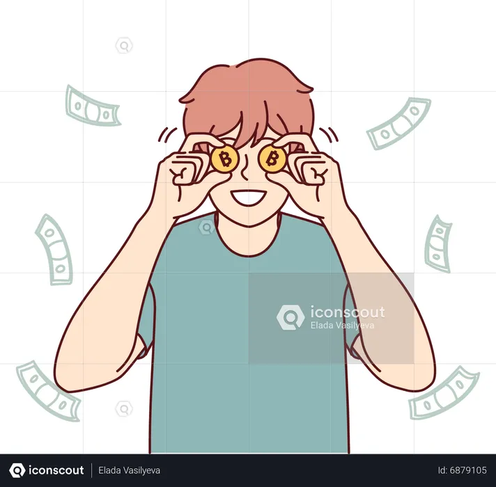 Hombre mirando las ganancias de bitcoin  Ilustración