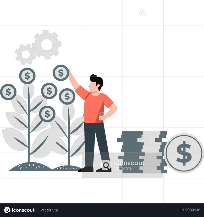 Hombre mirando el crecimiento de la planta del dólar  Ilustración