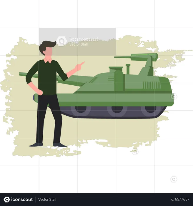 Hombre mirando el tanque militar  Ilustración