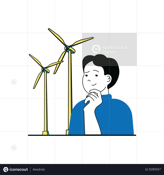 Hombre mirando la energía del molino de viento  Ilustración