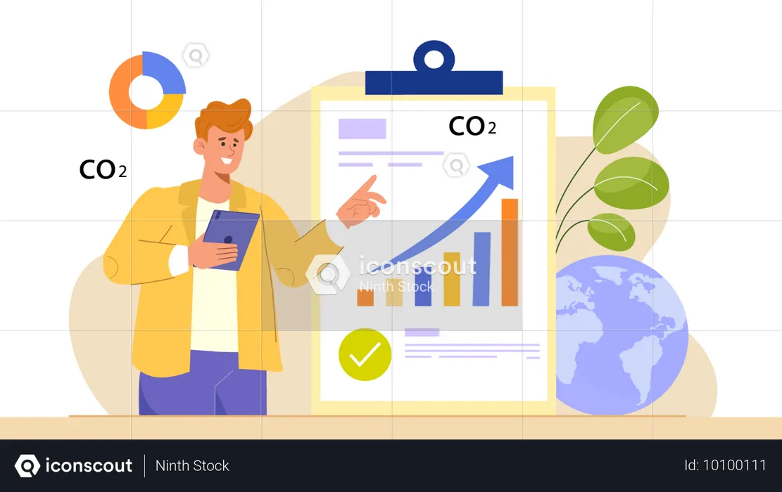 Hombre observando las crecientes estadísticas de CO2  Ilustración