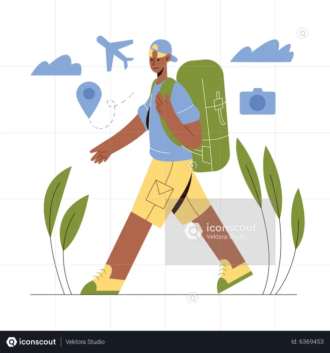 Mochilero masculino viajando  Ilustración