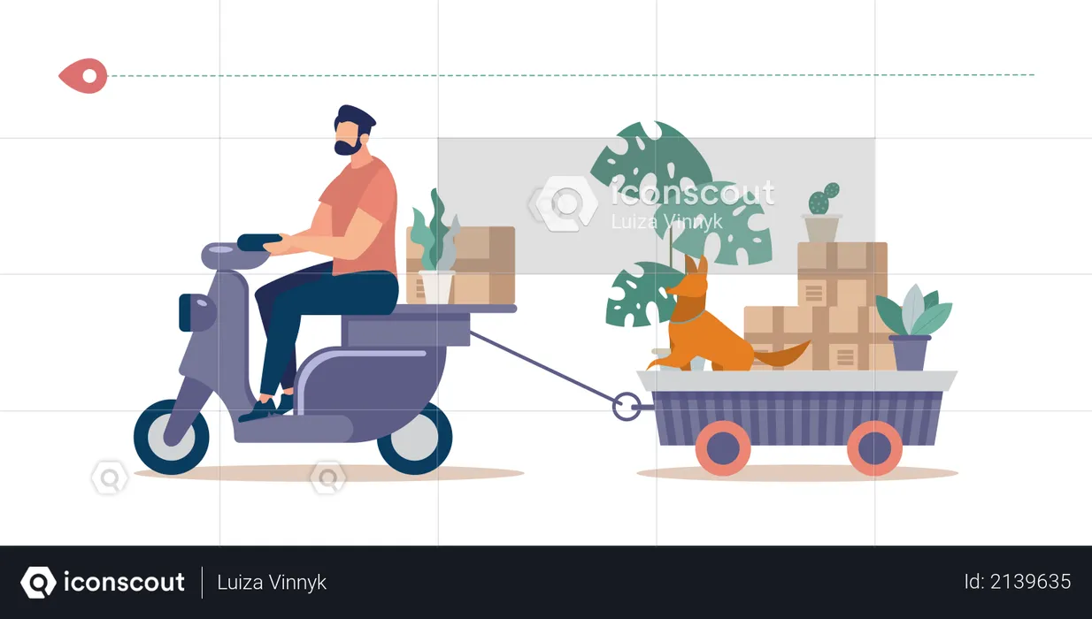 Hombre montando motoneta, tirando de un remolque lleno de cosas del hogar y cosas empaquetadas en cajas de cartón, macetas con plantas vivas y perros  Ilustración