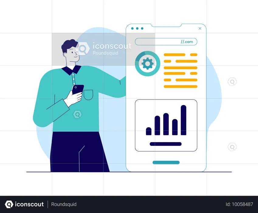 Hombre mostrando análisis de sitio web  Ilustración