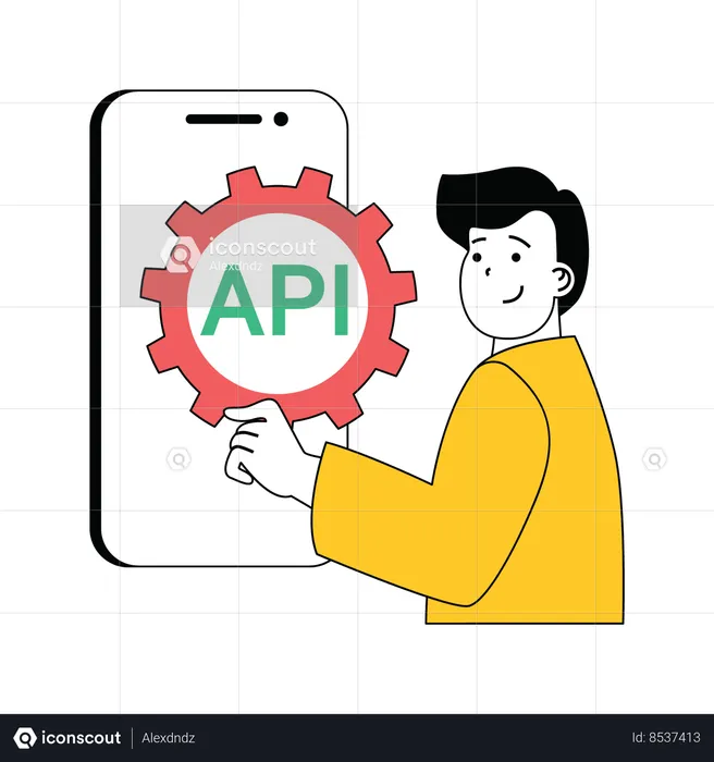 Hombre mostrando la configuración de API  Ilustración