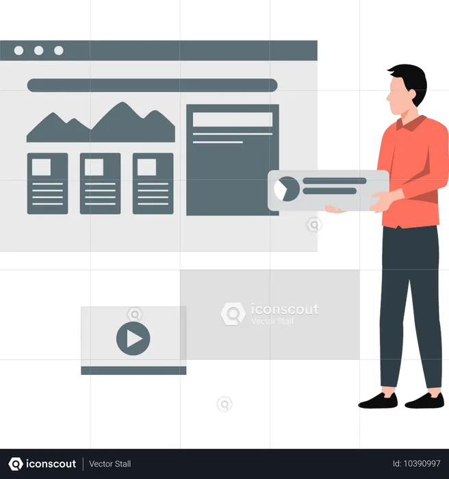 Hombre mostrando el desarrollo del diseño SEO de un sitio web  Ilustración