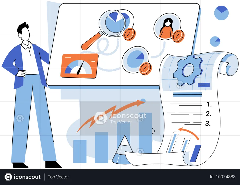 Hombre mostrando informe de análisis de KPI  Ilustración