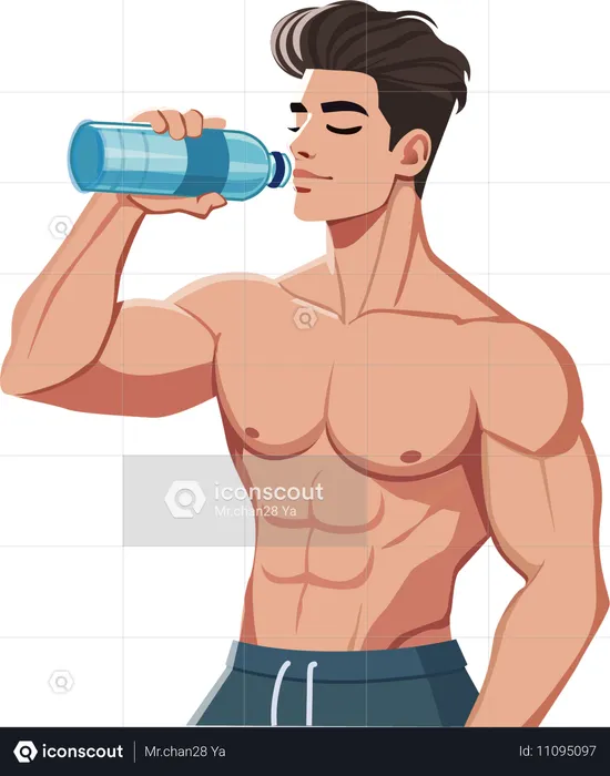 Hombre musculoso bebe agua en botella  Ilustración