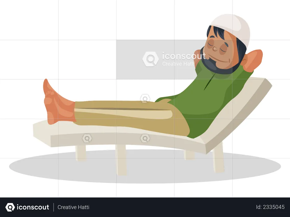 El hombre musulmán está sentado en la silla de la piscina y relajándose  Ilustración