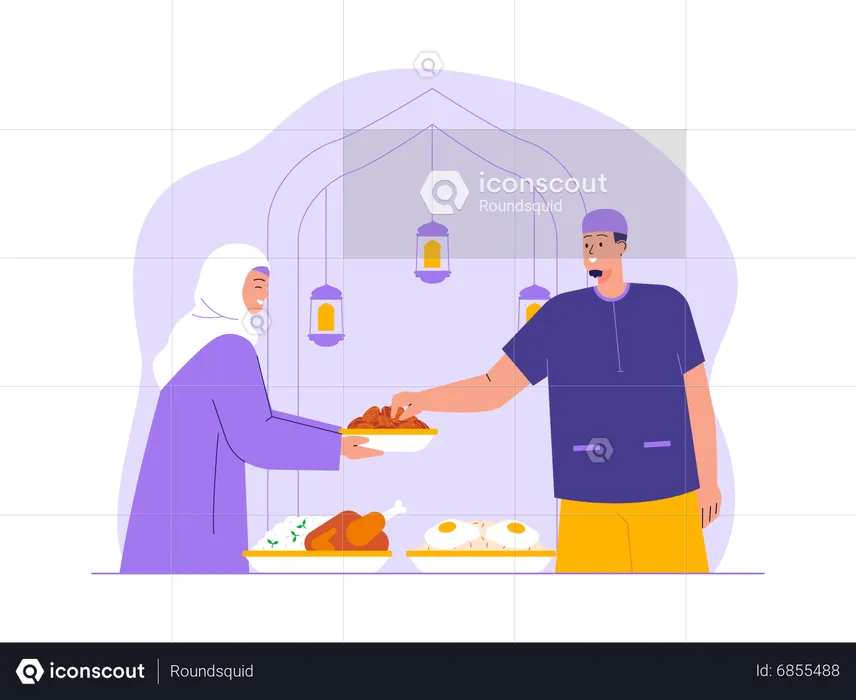 Hombre musulmán sirviendo comida en ramadán  Ilustración