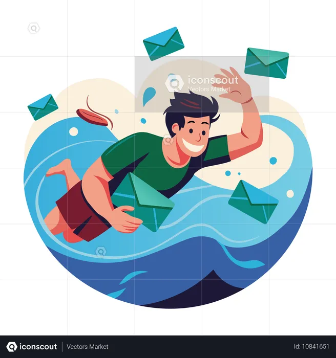 Hombre nadando en agua de correo electrónico  Ilustración