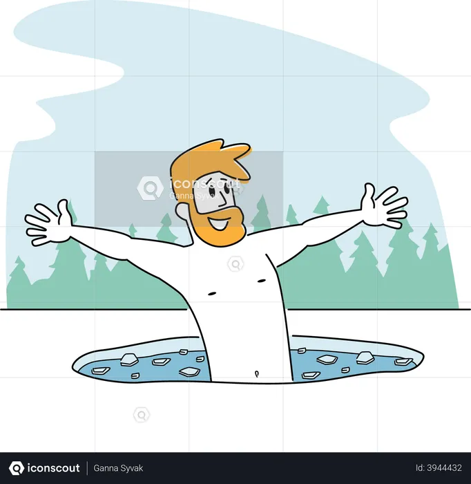 Hombre nadando en un agujero de hielo en la temporada de invierno  Ilustración