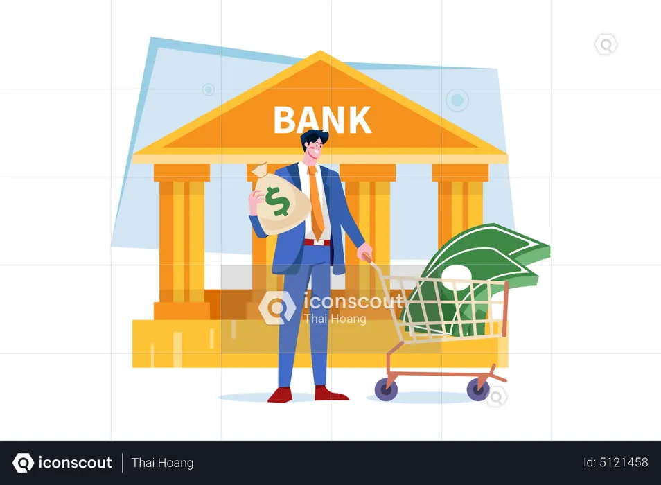 Hombre obteniendo un préstamo del banco  Ilustración