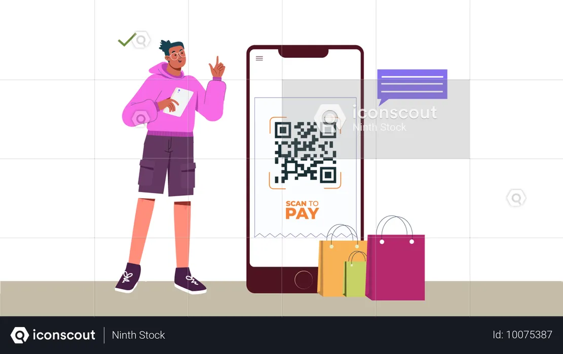 Hombre pagando con su teléfono inteligente  Ilustración