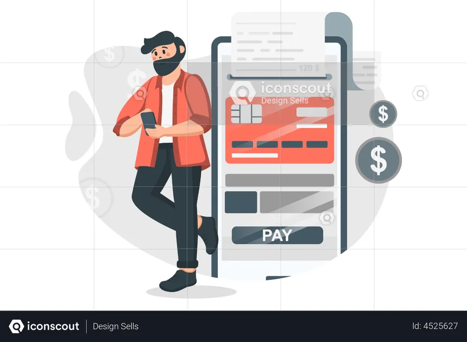 Hombre pagando la factura de la tarjeta de crédito usando la aplicación de pagos  Ilustración