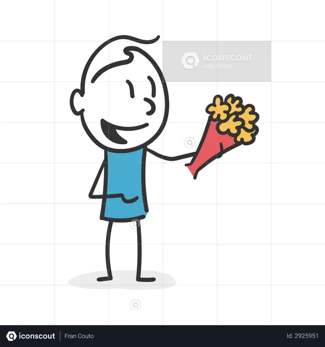 Hombre palo con ramo de flores  Ilustración