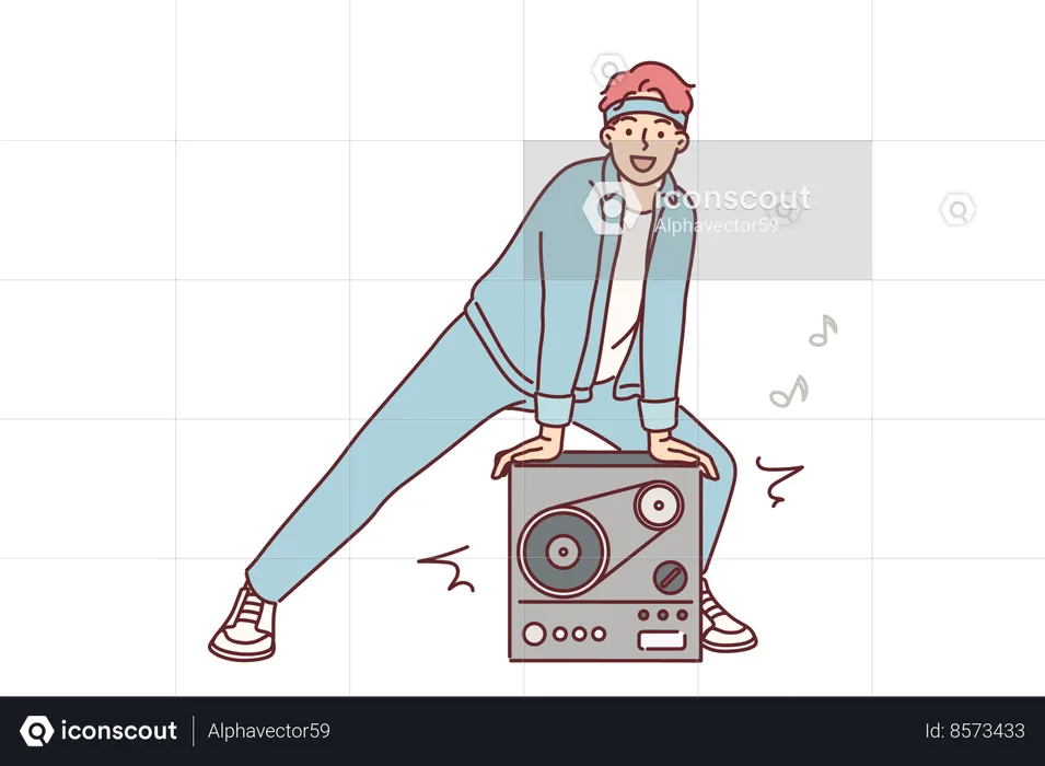 El hombre se encuentra cerca de una grabadora retro para reproducir música desde una cinta  Ilustración